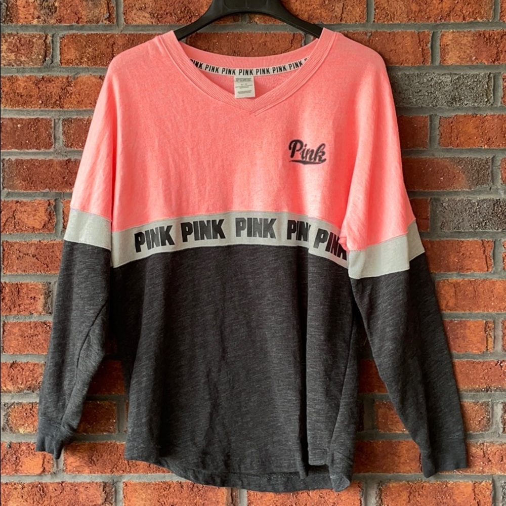 VS PINK V-NECK VARSITY CREW SWEATSHIRT